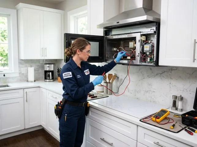 Appliance Repair Hero technician testing an over-the-range microwave in a Big Bear Lake, CA kitchen